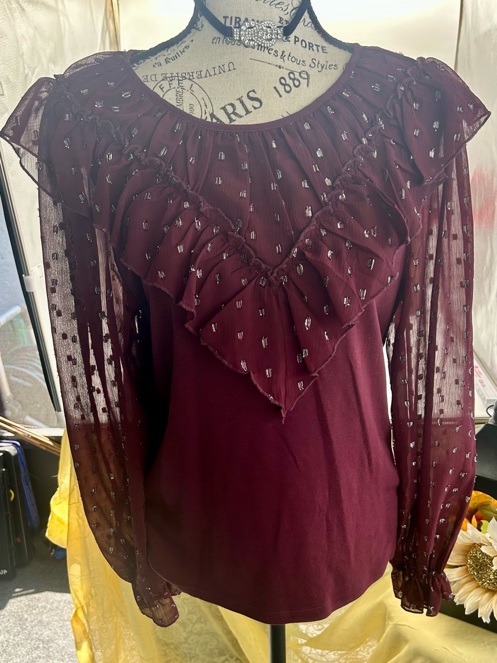 LOFT Wine Ruffle Yoke Blouse with Sheer Dot Sleeves